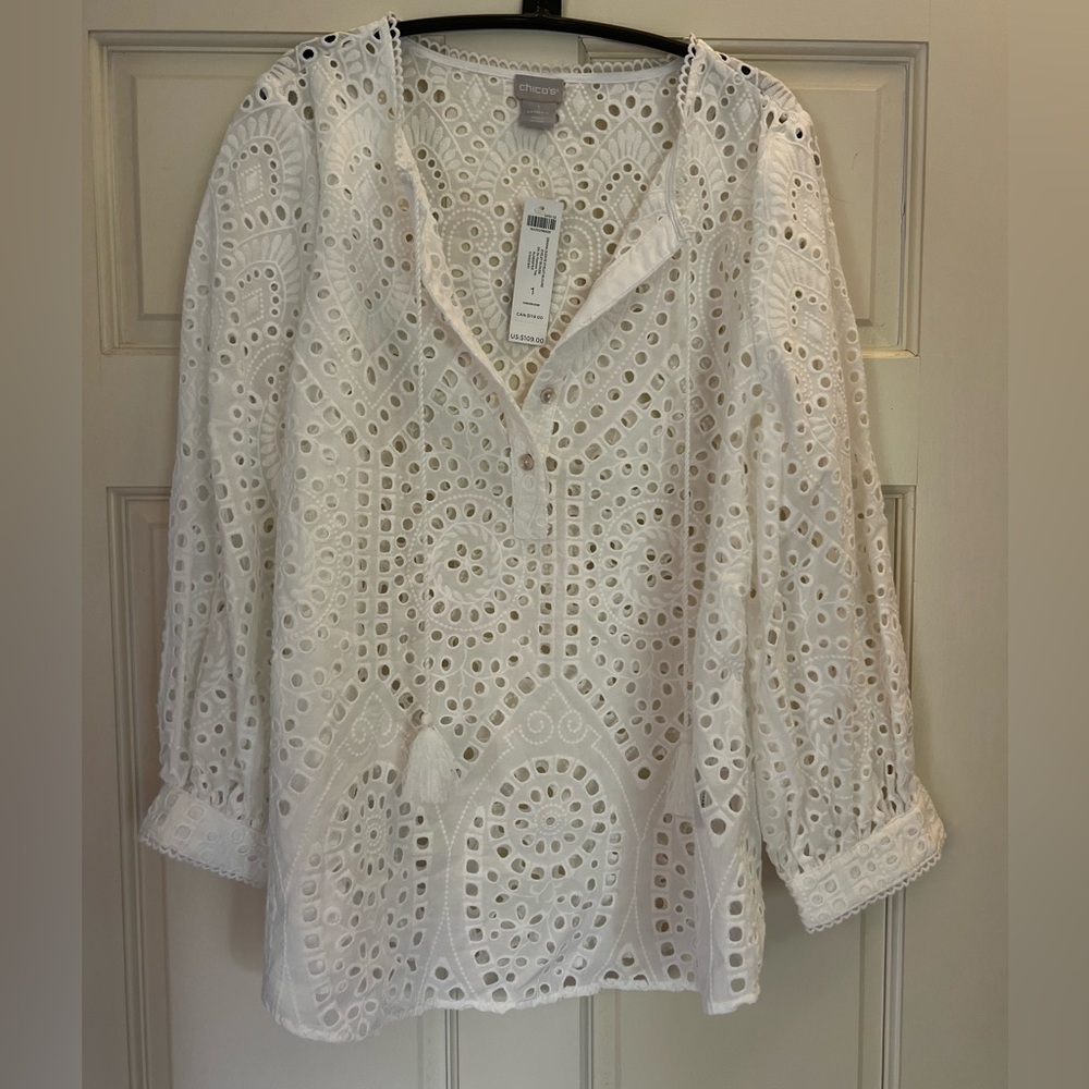 Chico's White Eyelet Drama Sleeve Blouse